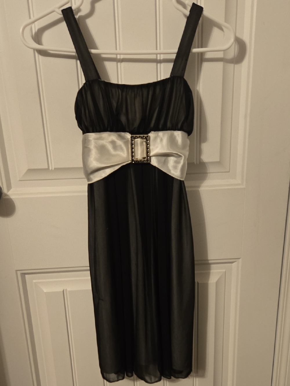 Girls Black Midi Dress with White Satin Waistband and Decorative Buckle